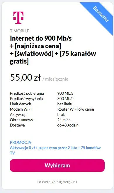T-MOBILE Światłowód do 900 Mb/s + 75 kanałów TV za 55 zł/msc | Umowa na 24 miesiące | Aktywacja + Router z Wi-Fi 6 za 0 zł (dla nowych)