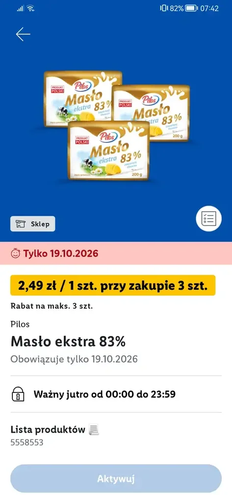🧈 Masło Pilos 83% w Lidlu za 2,49 zł/szt. przy zakupie 3 sztuk z Lidl Plus