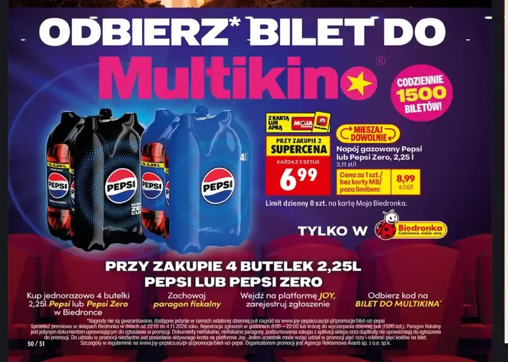 Kup jednorazowo 4 butelki 2,25 l Pepsi lub Pepsi Zero i ODBIERZ BILET DO Multikina*