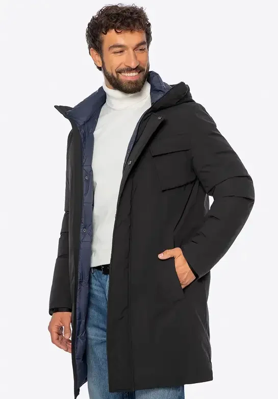 Męska elegancka kurtka puchowa z kapturem czarna i granatowa / 50% puch, 50% pierze / rabat w koszyku