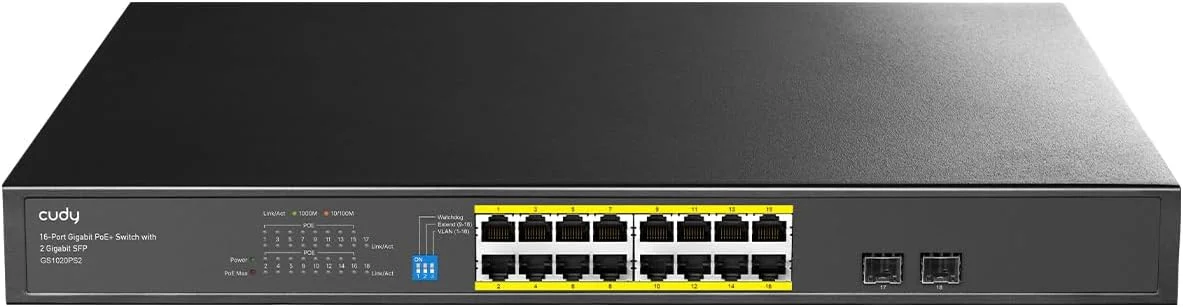 Switch Cudy 16-portowy Gigabit PoE, 2 SFP, 200 W, CCTV 250 m