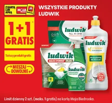 Wszystkie produkty Ludwik 1+1 gratis np. (cena za szt. płynu do mycia naczyń 1,35 kg przy zakupie 2 sztuk) @Biedronka