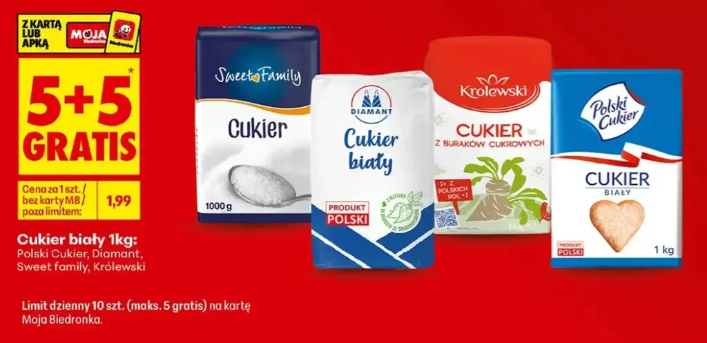 🛒 Cukier biały 1 kg – 5+5 gratis w Biedronce (0,99 zł/kg przy zakupie 10 sztuk)