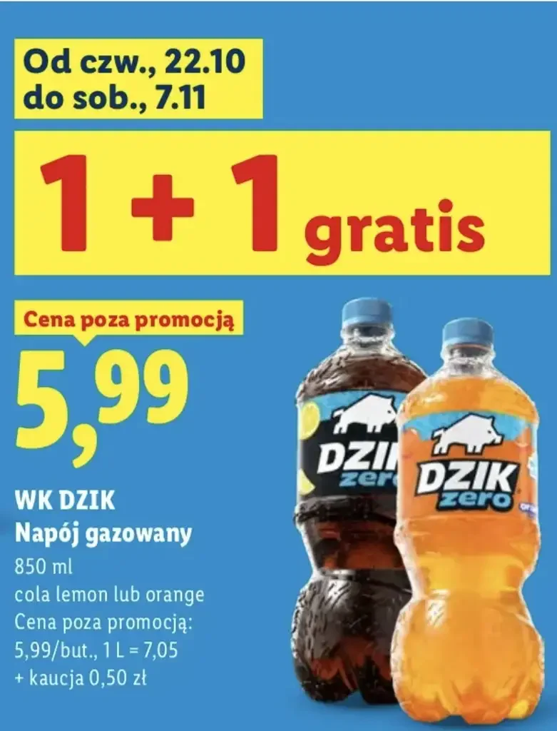 🥤 WK Dzik Cola/Orange Zero 850ml 1+1 gratis w Lidlu! Zero cukru, zero kalorii.