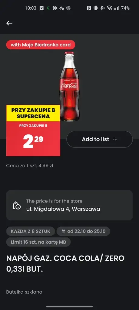 Coca-cola 330 ml w szkle (2,29 zł/szt przy zakupie 8) Biedronka